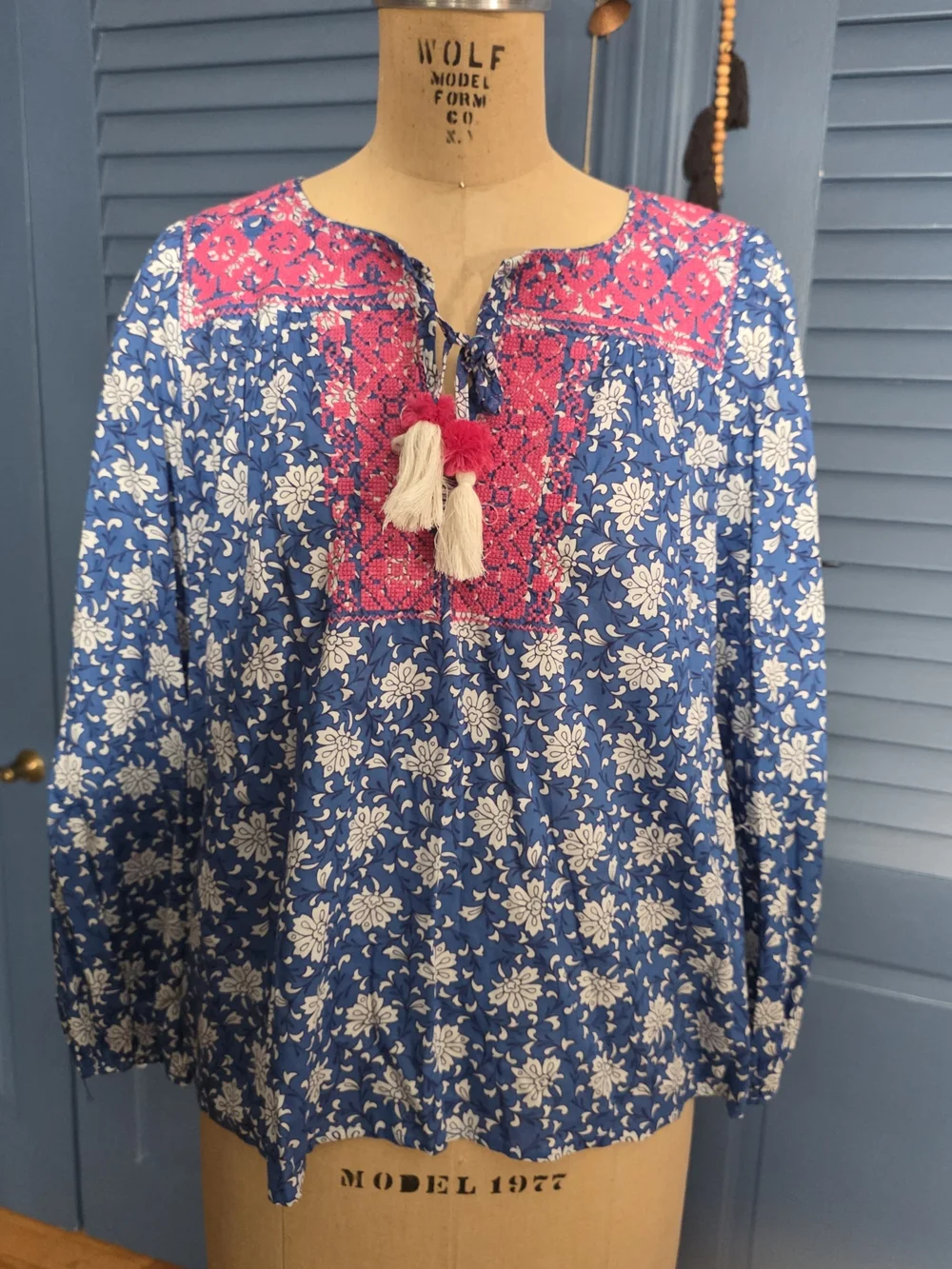 J. Crew Blue White Floral Tunic with Pink Embroidered Yoke